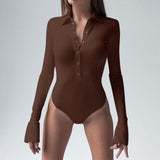 Long Sleeve Button Down Bodysuit Brown