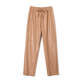 High Waist Spliced Faux Leather Pants Khaki