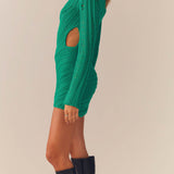 Hollow Out Long Sleeve Knitted Mini Dress Green