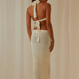 Knitted Deep V-Neck Lace Up Halter Maxi Dress White