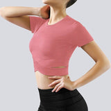 Short Sleeve Strappy Waist Workout Crop Top Pink