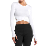 Long Sleeve Strappy Waist Workout Crop Top White