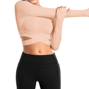 Long Sleeve Strappy Waist Workout Crop Top Pink