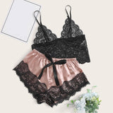 2-Piece Bralette Shorts Sleepwear Set Black/Pink