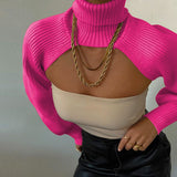 Knitted Crop Shrug Turtleneck Sweater Hot Pink