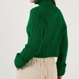 Knitted Cotton Turtleneck Crop Sweater Green