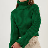 Knitted Cotton Turtleneck Crop Sweater Green
