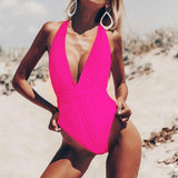 1-Piece V-Neck High Waist Swimsuit Pink