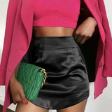Satin Side Zipper Mini Skirt Black