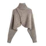 Crossover Knitted Turtleneck Crop Sweater Oatmeal