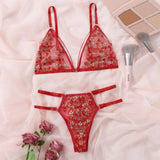 2-Piece Ultra Thin Floral Lingerie Set Red