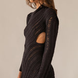 Hollow Out Long Sleeve Knitted Mini Dress Black