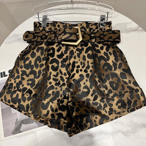 High Waist Leopard Belted Shorts Yellow