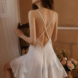 Satin Backless Lace Sleepwear Dress White