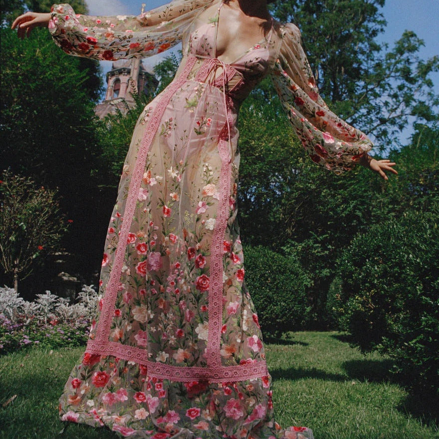 floral mesh dress long sleeve Ivory Coast Printed Floral Mesh Midi Dress