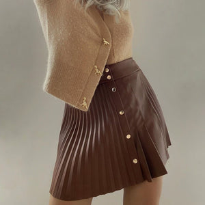 Faux Leather Mini Pleated Button Detail Skirt Brown