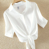 Cotton Short Sleeve Blouse Shirt White