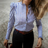 Striped Puffed Sleeve Blouse Top Blue
