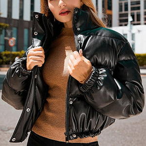 Faux Leather Cotton Padded Down Jacket Black