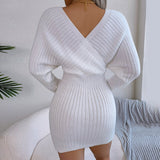Long Sleeve Knitted Wrap Mini Dress White