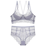 2-Piece French Lace Bra and High Waist Panty Set Gray