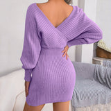 Long Sleeve Knitted Wrap Mini Dress Purple