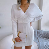Long Sleeve Knitted Wrap Mini Dress White