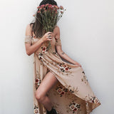 Off Shoulder Side Slit Floral Maxi Dress Beige