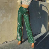 Faux Leather Straight Wide Leg Pants Green