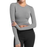 Long Sleeve Strappy Waist Workout Crop Top Gray