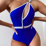 1-Piece Off Shoulder Hollow Out Two Tone Swimsuit Blue