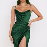 Side Split Satin Ruched Midi Dress Green