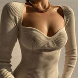 Knitted Long Sleeve Heart Collar Sweater Midi Dress Tan