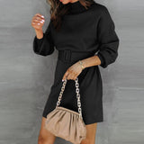 Long Sleeve Turtleneck Sweater Mini Dress With Belt Black