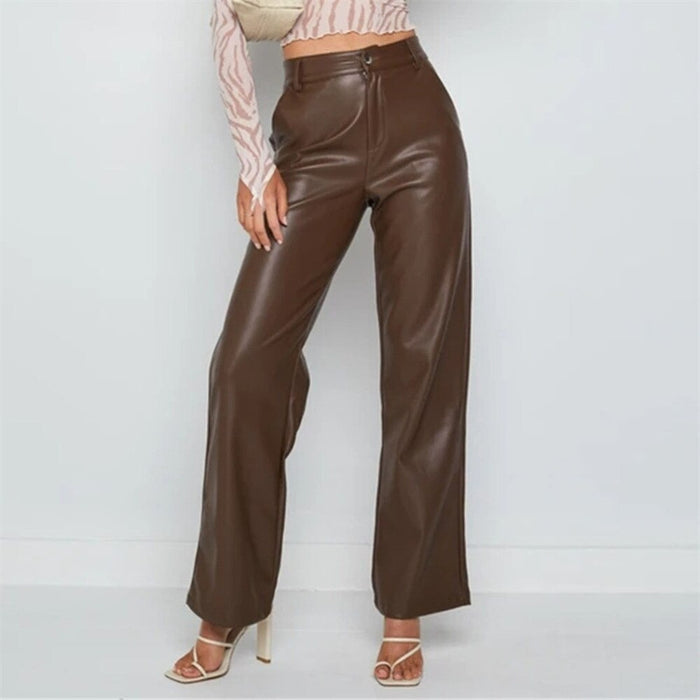 Faux Leather Straight Wide Leg Pants Brown