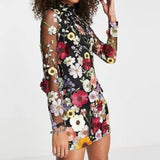 Floral Embroidery Backless Long Sleeve Mini Dress Black