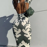 Backless Printed Bodycon Maxi dress Green