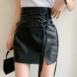 Faux Leather Lace-Up High Waist Mini Skirt Black