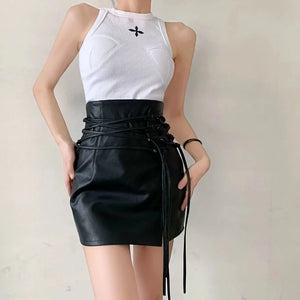 Faux Leather Lace-Up High Waist Mini Skirt Black