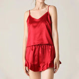 2-Piece Silk Satin Ruffled Sleepwear Set Red