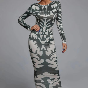 Backless Printed Bodycon Maxi dress Green