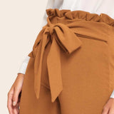 Paperbag Bow Belted High Waist Pants Brown