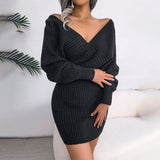 Long Sleeve Knitted Wrap Mini Dress Black
