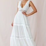 V-Cut White Boho Maxi Dress White