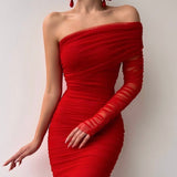 One Shoulder Long Sleeve Mesh Midi Dress Red
