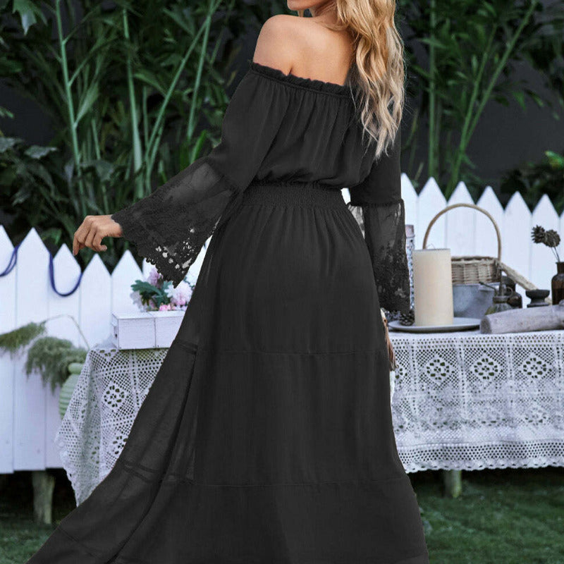Off Shoulder Flared Long Sleeve Boho Maxi Dress