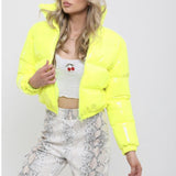Glossy Faux Patent Leather Puffer Jacket Yellow
