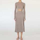 2-Piece Crew Neck Cross Tie Top and Midi Skirt Matching Set Taupe