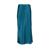 Solid Satin Midi Skirt Blue Green
