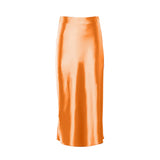 Solid Satin Midi Skirt Orange